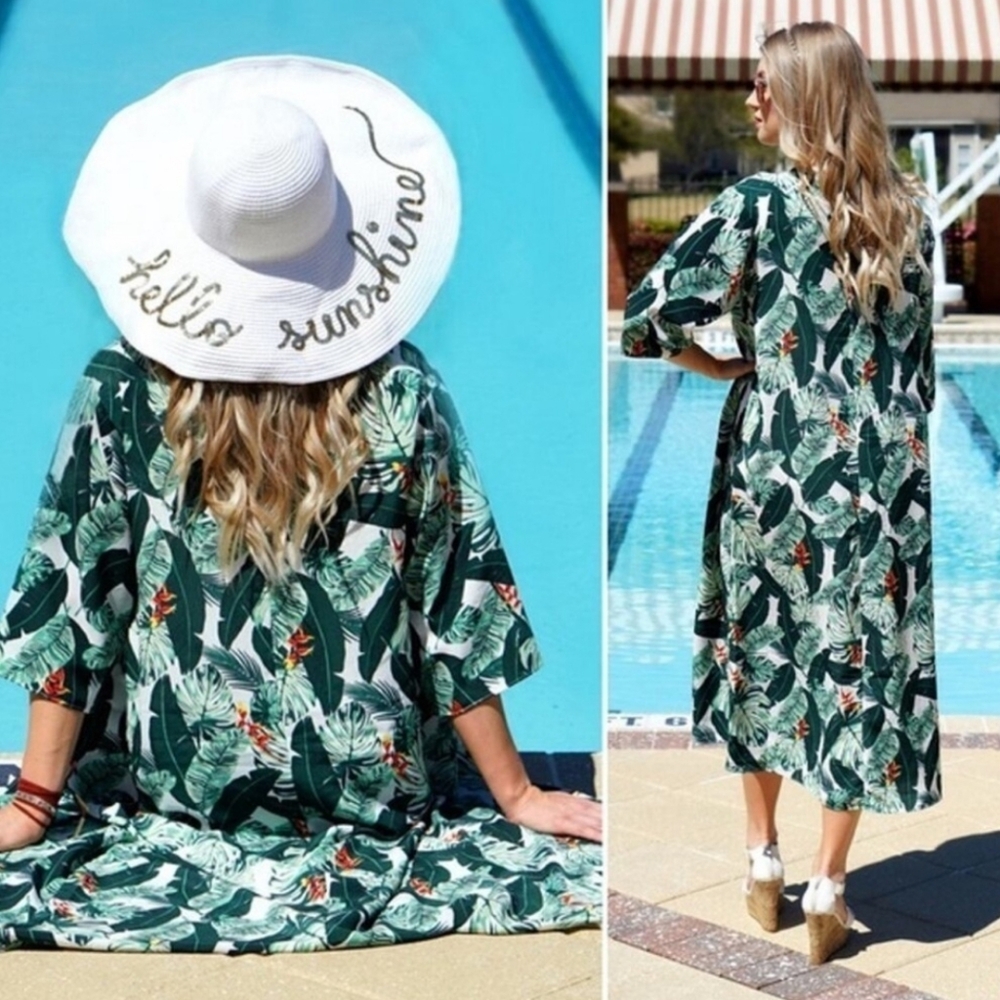 NWT Rachel Zoe Palm Print Kimono Duster Beach Cover Up - One Size
